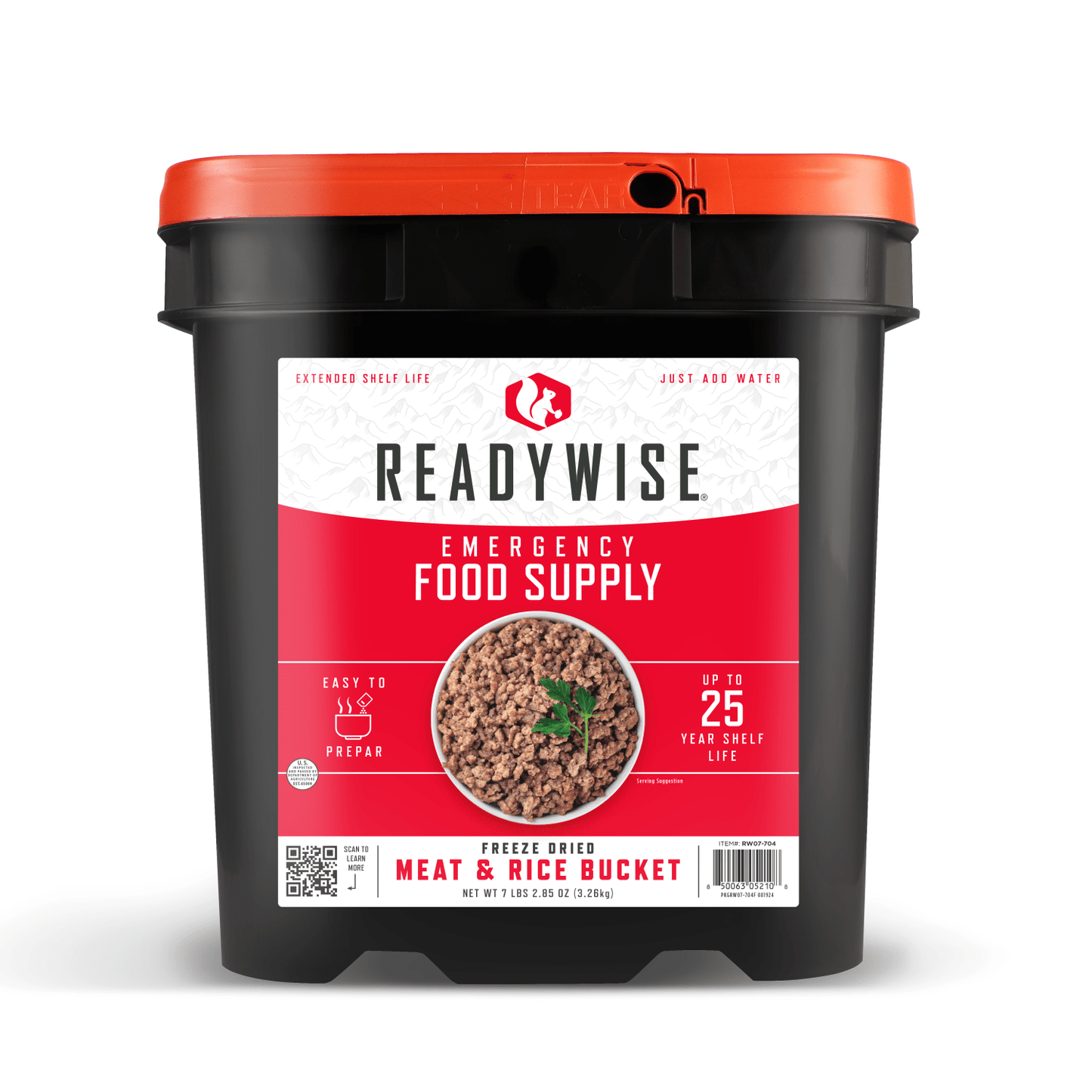 Black plastic bucket with an orange lid containing freeze-dried meat and rice emergency food supply, featuring easy preparation and a 25-year shelf life, part of Farm, Garden & Tool and Emergency Supplies collections.