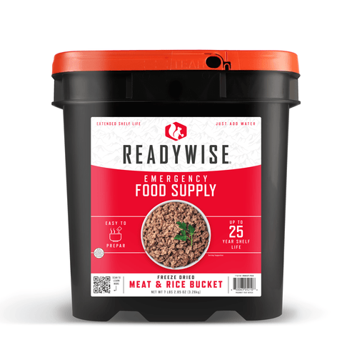 Black plastic bucket with an orange lid containing freeze-dried meat and rice emergency food supply, featuring easy preparation and a 25-year shelf life, part of Farm, Garden & Tool and Emergency Supplies collections.