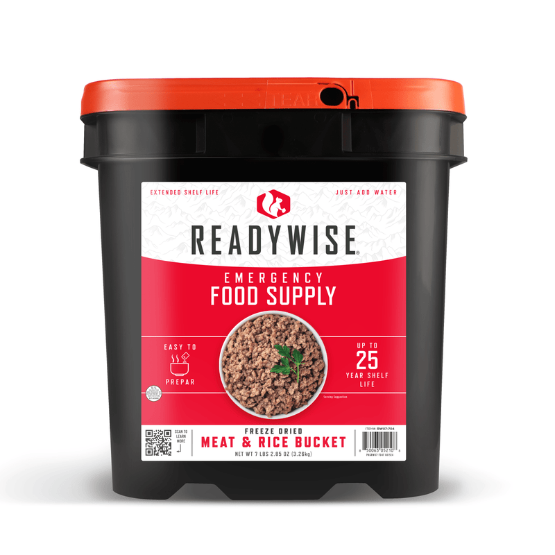 Black plastic bucket with an orange lid containing freeze-dried meat and rice emergency food supply, featuring easy preparation and a 25-year shelf life, part of Farm, Garden & Tool and Emergency Supplies collections.