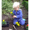 Young child kneeling in garden soil, carefully planting yellow marigold flowers using small gardening tools, highlighting a tool designed for small hands in Farm, Garden & Tool and Digging and Cultivating collections.