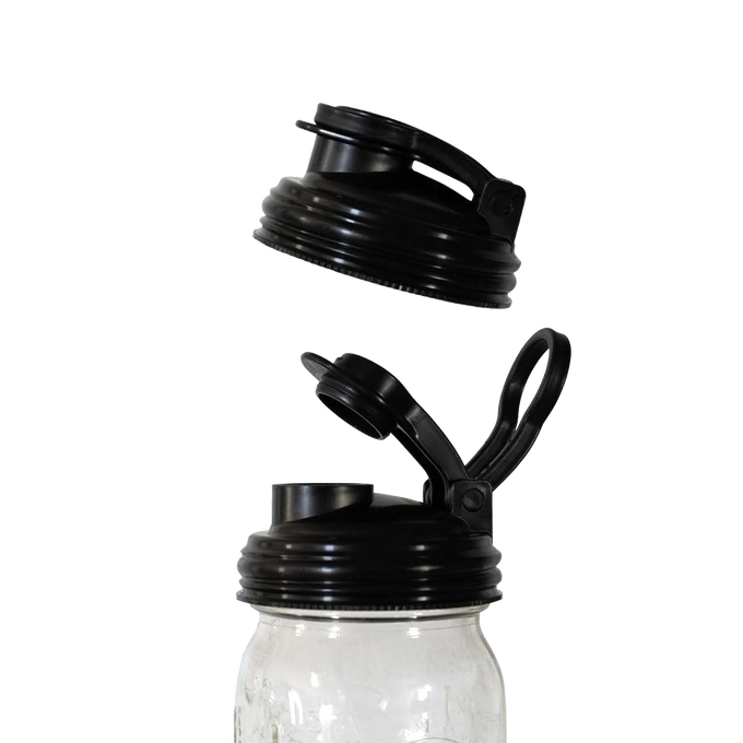 Durable black pour lid with flip-top spout and carry loop for regular-mouth jars, crafted in the USA, perfect for Kitchen Gadgets, Kitchen Accessories, and Best Sellers collections.