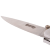 Close-up of a folding knife blade stamped with Lehman’s logo, featuring a stainless steel finish and part of the locking mechanism, ideal for Farm, Garden & Tool and Modern Pocket Knives collections.