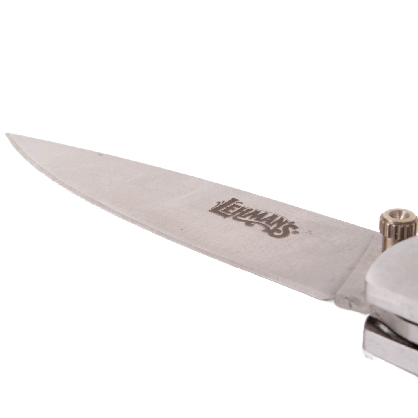 Close-up of a folding knife blade stamped with Lehman’s logo, featuring a stainless steel finish and part of the locking mechanism, ideal for Farm, Garden & Tool and Modern Pocket Knives collections.