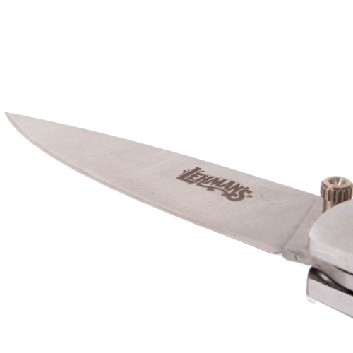 Close-up of a folding knife blade stamped with Lehman’s logo, featuring a stainless steel finish and part of the locking mechanism, ideal for Farm, Garden & Tool and Modern Pocket Knives collections.