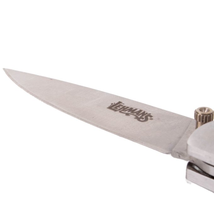 Close-up of a folding knife blade stamped with Lehman’s logo, featuring a stainless steel finish and part of the locking mechanism, ideal for Farm, Garden & Tool and Modern Pocket Knives collections.