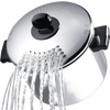 Shiny stainless steel straining pot lid with black handles, pouring hot water through built-in colander holes, ideal for Kitchen & Food, Cookware, Pots and Pans, Best Sellers, and Promo Eligible collections.