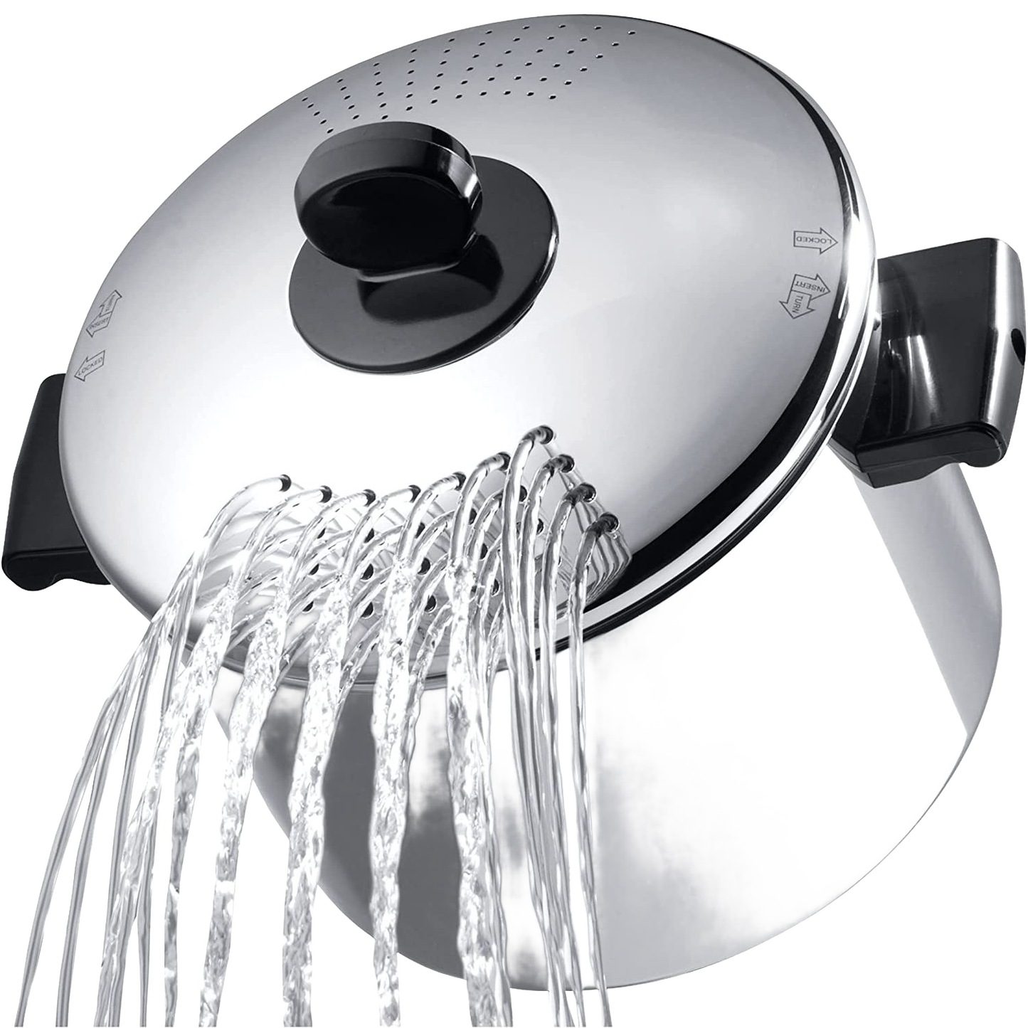 Shiny stainless steel straining pot lid with black handles, pouring hot water through built-in colander holes, ideal for Kitchen & Food, Cookware, Pots and Pans, Best Sellers, and Promo Eligible collections.