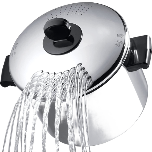 Shiny stainless steel straining pot lid with black handles, pouring hot water through built-in colander holes, ideal for Kitchen & Food, Cookware, Pots and Pans, Best Sellers, and Promo Eligible collections.