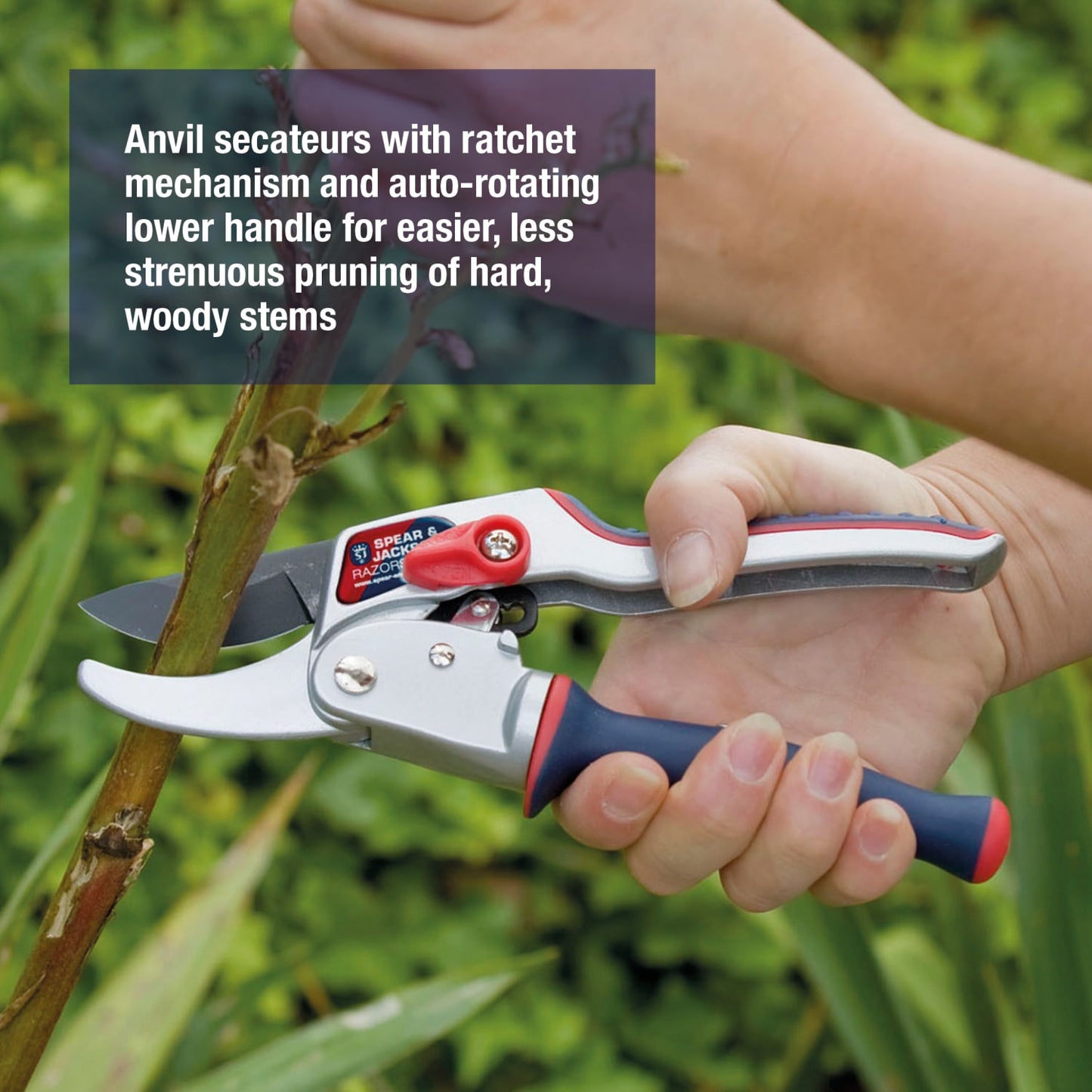 Hand holding ratchet anvil pruners with ergonomic twist handle cutting a woody stem, designed for easier pruning in Farm, Garden & Tool, Garden Accessories, Lawncare, and Best Sellers collections.