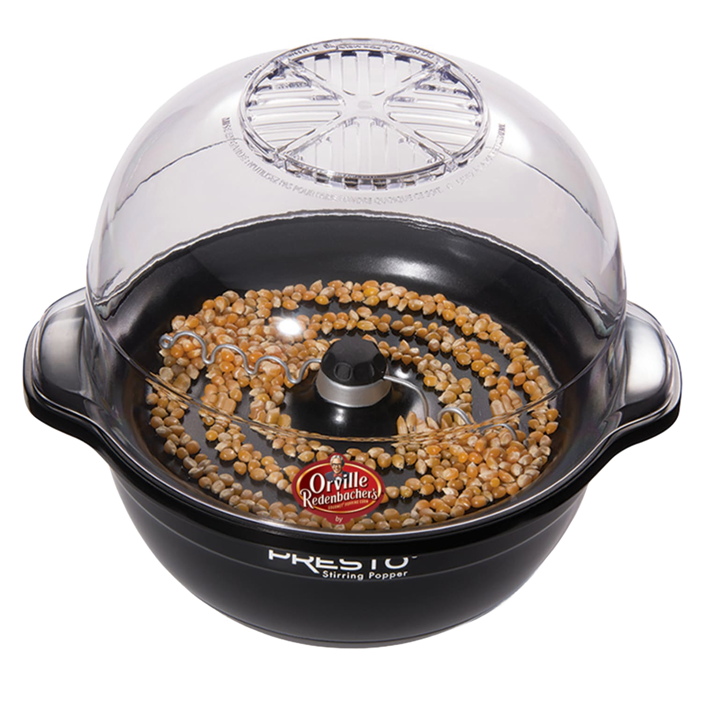 Electric popping kettle with clear lid showing motorized stirring arm and popcorn kernels inside, designed for easy home popcorn making, featured in Kitchen & Food and Best Sellers collections.