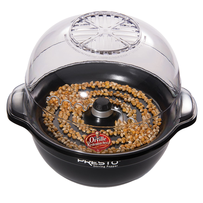 Electric popping kettle with clear lid showing motorized stirring arm and popcorn kernels inside, designed for easy home popcorn making, featured in Kitchen & Food and Best Sellers collections.