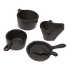 Set of miniature cast iron cookware including two pots, a skillet, a skillet spatula, and a coal hod, handcrafted with intricate details for children's toys and indoor play collections.