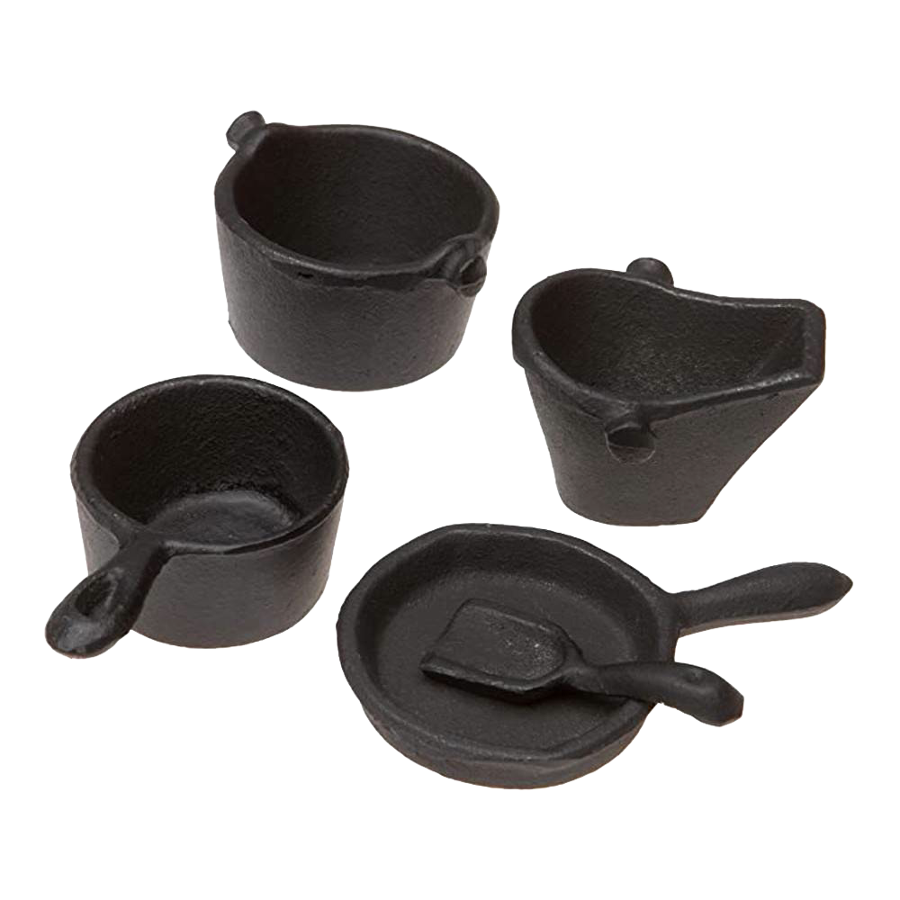 Set of miniature cast iron cookware including two pots, a skillet, a skillet spatula, and a coal hod, handcrafted with intricate details for children's toys and indoor play collections.