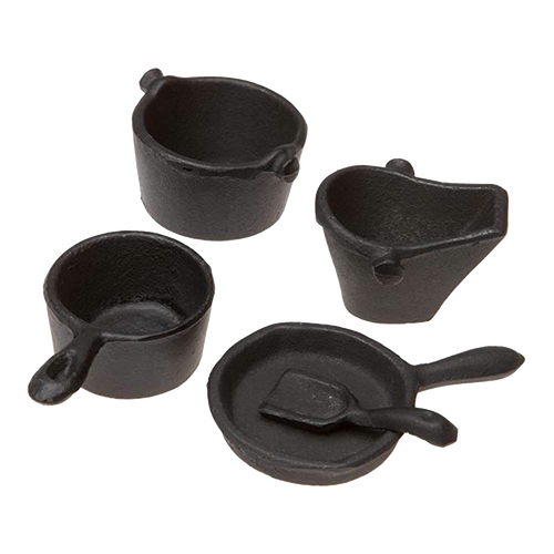 Set of miniature cast iron cookware including two pots, a skillet, a skillet spatula, and a coal hod, handcrafted with intricate details for children's toys and indoor play collections.