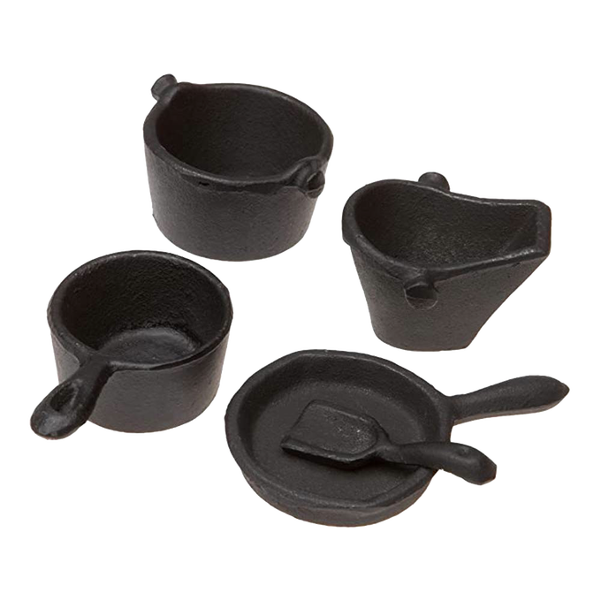 Set of miniature cast iron cookware including two pots, a skillet, a skillet spatula, and a coal hod, handcrafted with intricate details for children's toys and indoor play collections.