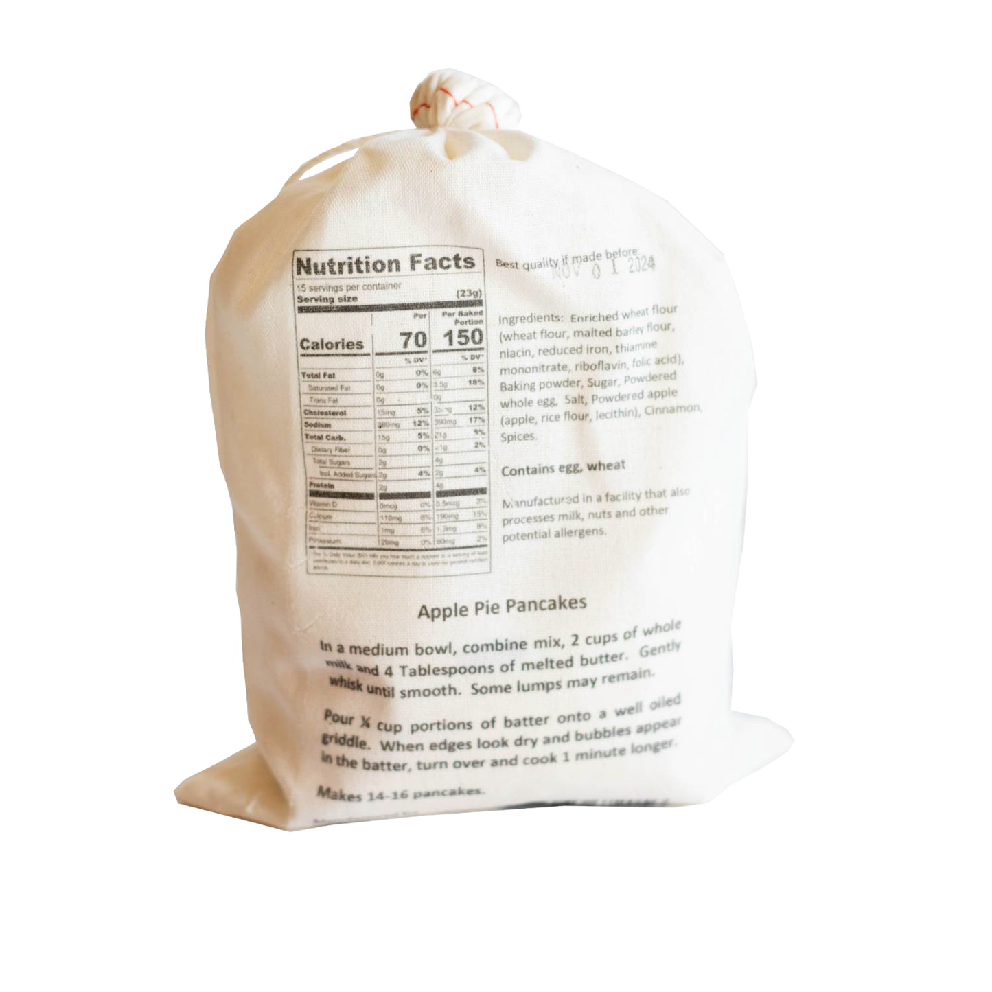 Natural fabric bag of handcrafted pancake mix with printed nutrition facts, ingredient list, and preparation instructions, suitable for Kitchen & Food, Pantry, and Best Sellers collections.