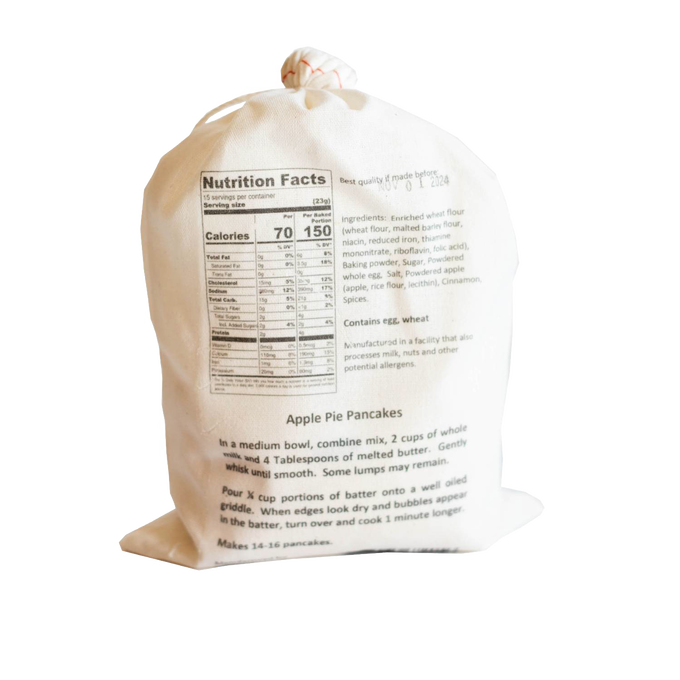 Natural fabric bag of handcrafted pancake mix with printed nutrition facts, ingredient list, and preparation instructions, suitable for Kitchen & Food, Pantry, and Best Sellers collections.