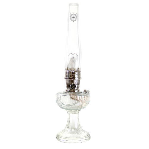 Unique handcrafted clear glass oil lamp with polished brass burner and tall chimney featuring Lincoln Drape pattern, made in USA, part of Lamps & Lighting, Oil Lamps, Table Lamps, Best Sellers, Promo Eligible collections.