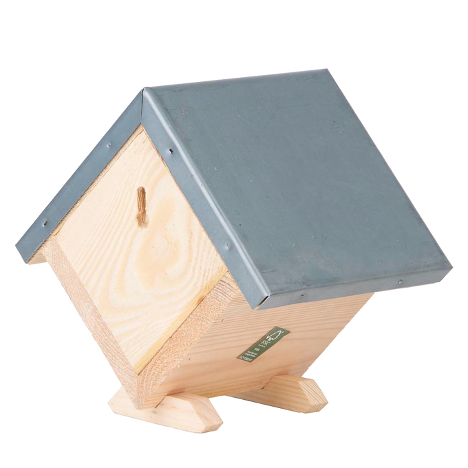 Handcrafted pine wood square bee shelter with a zinc roof and paper nesting tubes, designed for beneficial pollinators, ideal for Farm, Garden & Tool, Garden Accessories, Best Sellers collections.