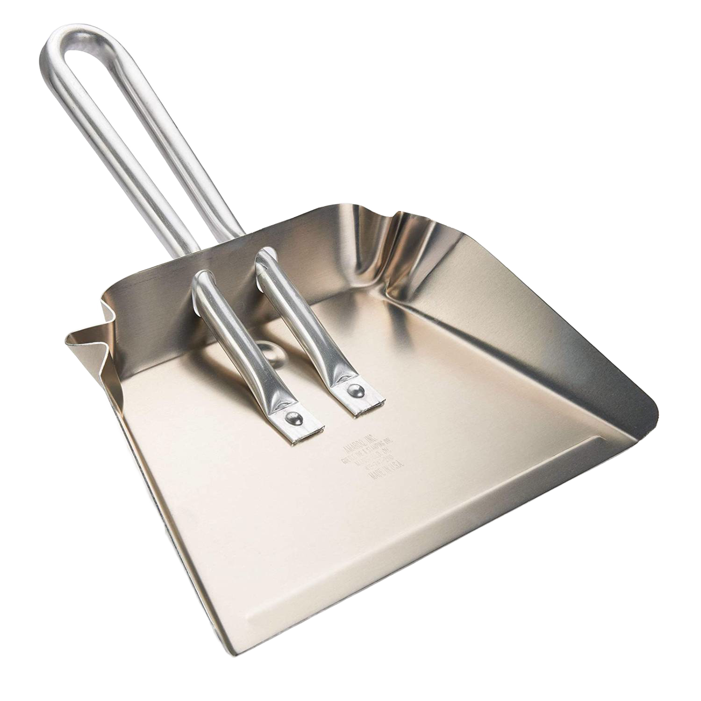 Rustproof aluminum small dustpan with a stays-flat design featuring reinforced corners and hanging loops, ideal for household cleaning, kitchen use, and USA made collections.