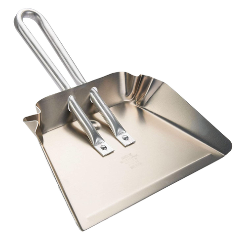 Rustproof aluminum small dustpan with a stays-flat design featuring reinforced corners and hanging loops, ideal for household cleaning, kitchen use, and USA made collections.