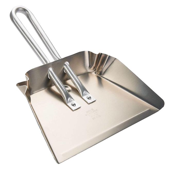 Rustproof aluminum small dustpan with a stays-flat design featuring reinforced corners and hanging loops, ideal for household cleaning, kitchen use, and USA made collections.
