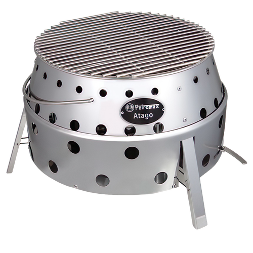 Round stainless steel charcoal grate with parallel bars and vented stainless steel body, designed for stable fuel use in outdoor camping and backyard settings, included in Farm, Garden & Tool, Camping, Best Sellers, and Promo Eligible collections.