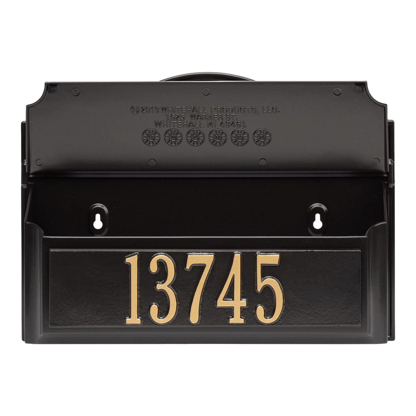 Black and gold custom wall mount mailbox with bold house numbers, handcrafted in the USA, enhancing curb appeal for Home & Decor and Mailboxes and Address Signs collections