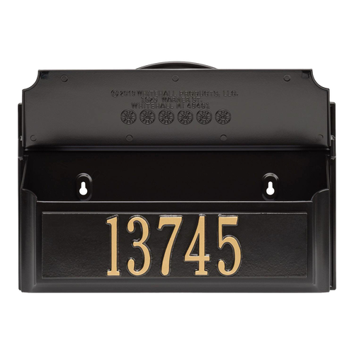 Black and gold custom wall mount mailbox with bold house numbers, handcrafted in the USA, enhancing curb appeal for Home & Decor and Mailboxes and Address Signs collections