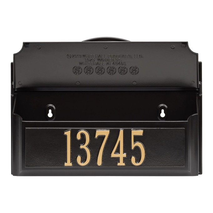 Black and gold custom wall mount mailbox with bold house numbers, handcrafted in the USA, enhancing curb appeal for Home & Decor and Mailboxes and Address Signs collections