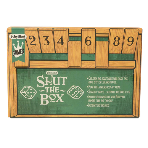 Classic wooden Shut the Box game set featuring nine hinged number tiles and two dice, designed to develop math and reasoning skills, part of Toys, Games and Puzzles collections.