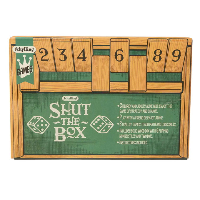 Classic wooden Shut the Box game set featuring nine hinged number tiles and two dice, designed to develop math and reasoning skills, part of Toys, Games and Puzzles collections.