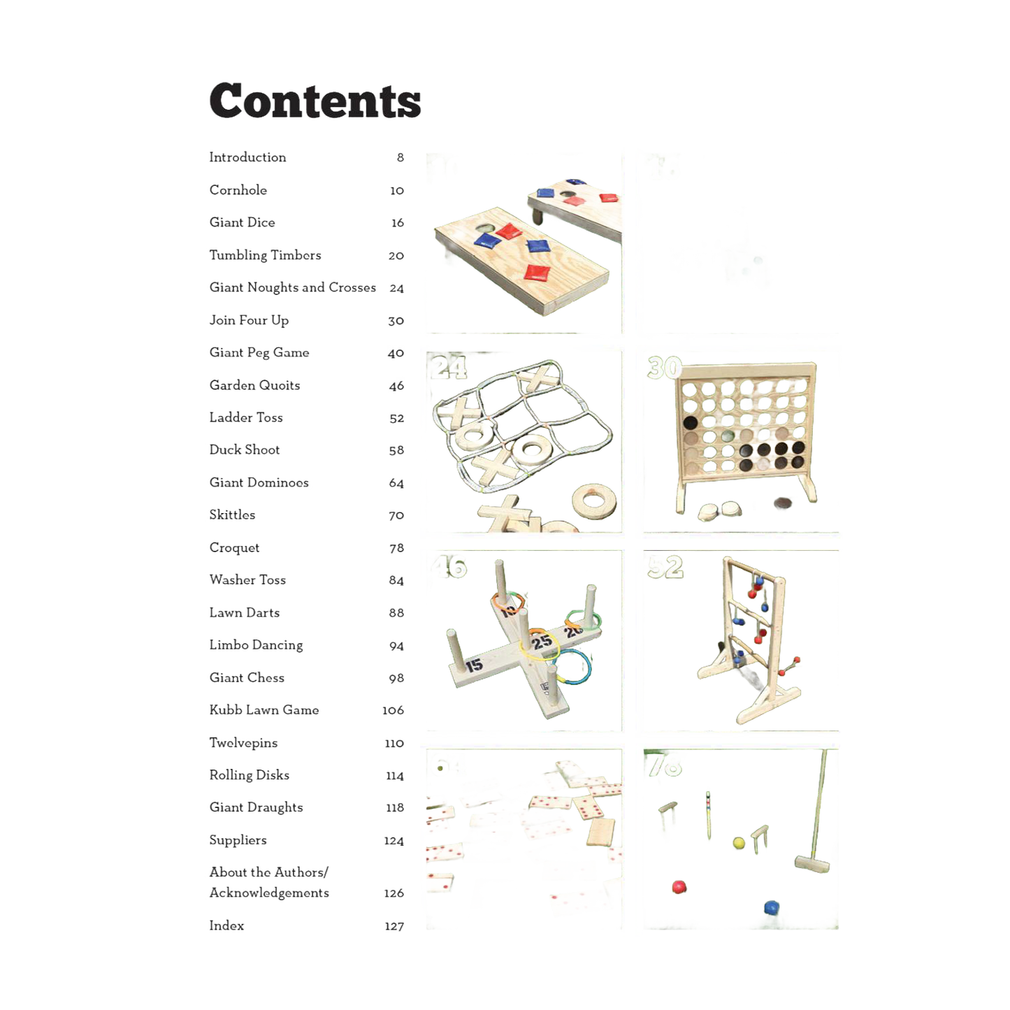 Contents page of a woodworking book showing 20 project thumbnails including bean bag toss, wooden vehicle, tic-tac-toe, connect four, ring toss, cross and circle game, and croquet made with beginner-friendly woodworking techniques for toys, books, and home and garden how-to collections.