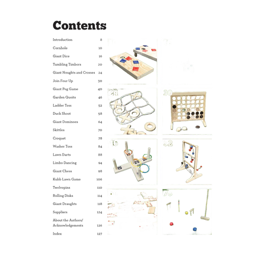Contents page of a woodworking book showing 20 project thumbnails including bean bag toss, wooden vehicle, tic-tac-toe, connect four, ring toss, cross and circle game, and croquet made with beginner-friendly woodworking techniques for toys, books, and home and garden how-to collections.