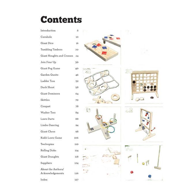 Contents page of a woodworking book showing 20 project thumbnails including bean bag toss, wooden vehicle, tic-tac-toe, connect four, ring toss, cross and circle game, and croquet made with beginner-friendly woodworking techniques for toys, books, and home and garden how-to collections.
