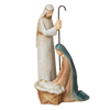 Handcrafted resin nativity scene featuring Mary kneeling beside baby Jesus in a manger and Joseph standing with a staff, perfect for Home & Decor, Holiday Decor, Best Sellers, and Promo Eligible collections.