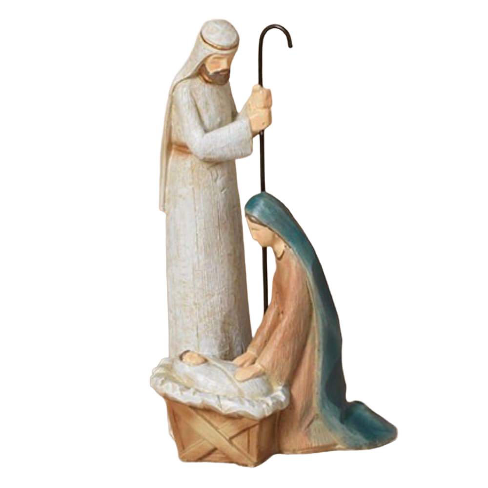 Handcrafted resin nativity scene featuring Mary kneeling beside baby Jesus in a manger and Joseph standing with a staff, perfect for Home & Decor, Holiday Decor, Best Sellers, and Promo Eligible collections.