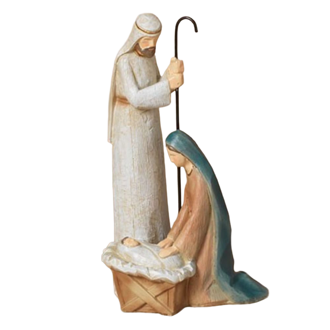 Handcrafted resin nativity scene featuring Mary kneeling beside baby Jesus in a manger and Joseph standing with a staff, perfect for Home & Decor, Holiday Decor, Best Sellers, and Promo Eligible collections.