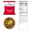 Packet of hearty tortilla soup with rice and black beans, alongside a bowl of prepared soup garnished with avocado slices and cilantro, and a detailed nutrition facts label, featured in Emergency Supplies, USA Made, Farm, Garden & Tool collections.