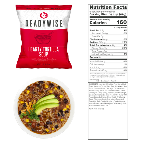 Packet of hearty tortilla soup with rice and black beans, alongside a bowl of prepared soup garnished with avocado slices and cilantro, and a detailed nutrition facts label, featured in Emergency Supplies, USA Made, Farm, Garden & Tool collections.