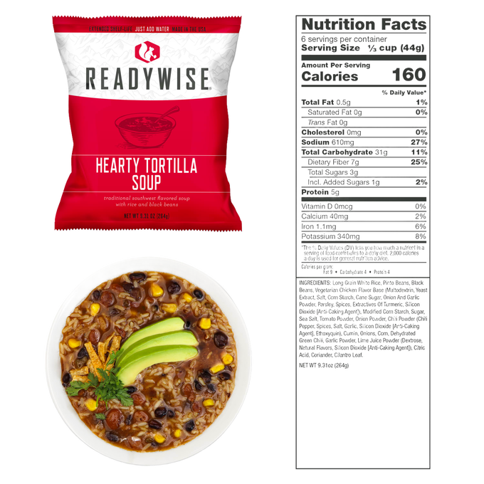 Packet of hearty tortilla soup with rice and black beans, alongside a bowl of prepared soup garnished with avocado slices and cilantro, and a detailed nutrition facts label, featured in Emergency Supplies, USA Made, Farm, Garden & Tool collections.