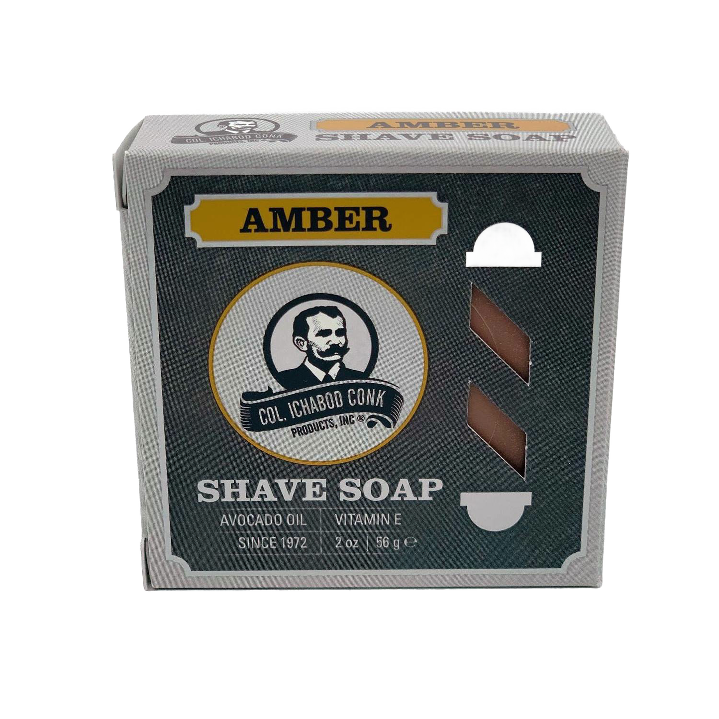 Small amber shaving soap bar with avocado oil and vitamin E, presented in branded packaging, handcrafted and included in Health & Wellness, Grooming and Personal Hygiene, Soaps and Soapmaking, USA Made, Best Sellers, Promo Eligible collections.