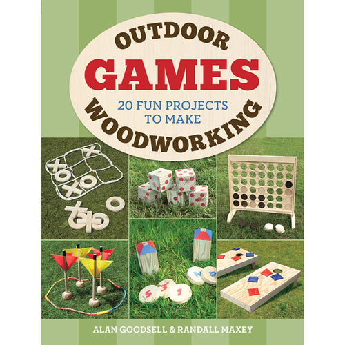 Book cover showing handcrafted wooden outdoor games including tic-tac-toe, oversized dice, connect four, bean bag toss, and ring toss, from a best sellers collection.