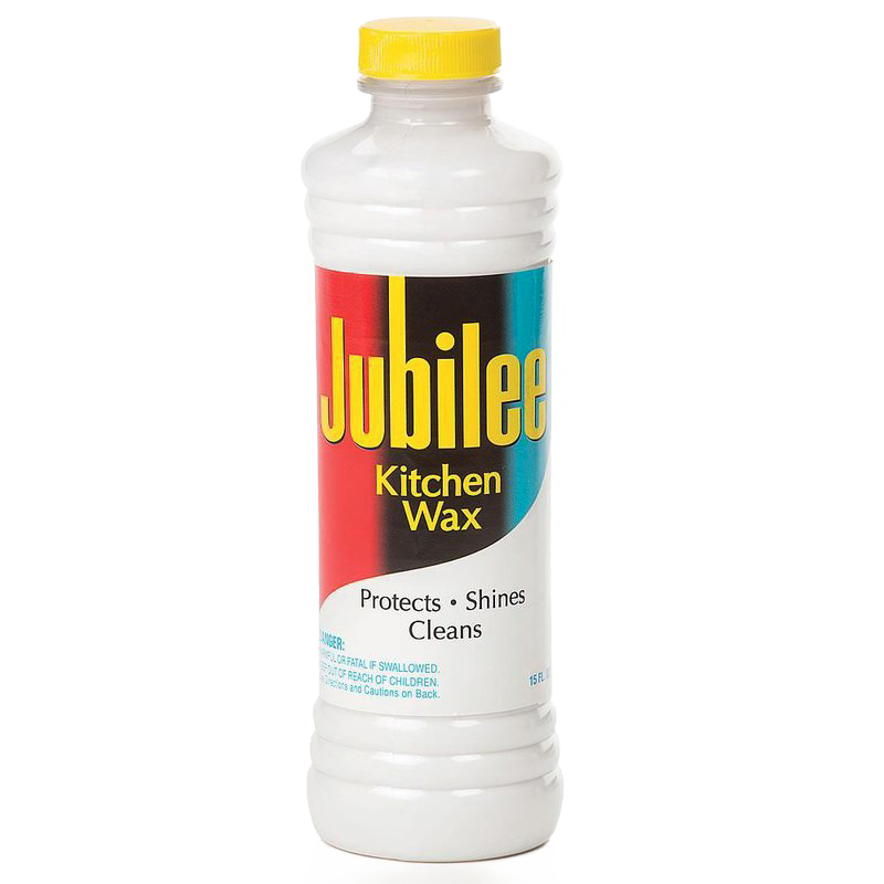 Plastic bottle of handcrafted kitchen wax with a yellow cap and colorful vintage-style label, designed for cleaning, shining, and protecting surfaces, part of Home & Decor, Household Cleaning, and USA Made collections.