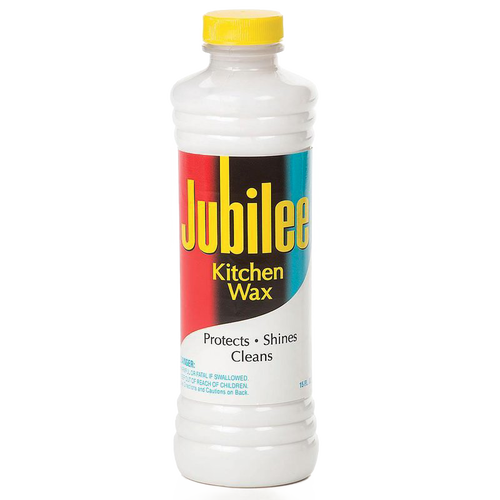 Plastic bottle of handcrafted kitchen wax with a yellow cap and colorful vintage-style label, designed for cleaning, shining, and protecting surfaces, part of Home & Decor, Household Cleaning, and USA Made collections.