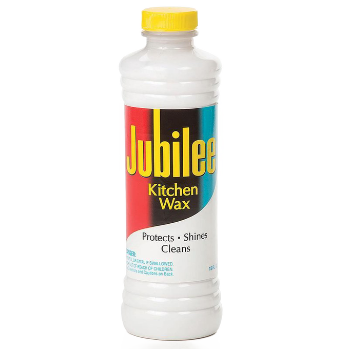 Plastic bottle of handcrafted kitchen wax with a yellow cap and colorful vintage-style label, designed for cleaning, shining, and protecting surfaces, part of Home & Decor, Household Cleaning, and USA Made collections.