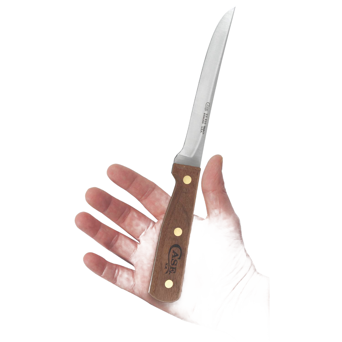 Handcrafted boning knife with smooth wooden handle and sharp curved blade held in hand, designed for precise food preparation in Kitchen & Food and USA Made collections.