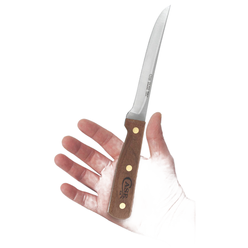 Handcrafted boning knife with smooth wooden handle and sharp curved blade held in hand, designed for precise food preparation in Kitchen & Food and USA Made collections.