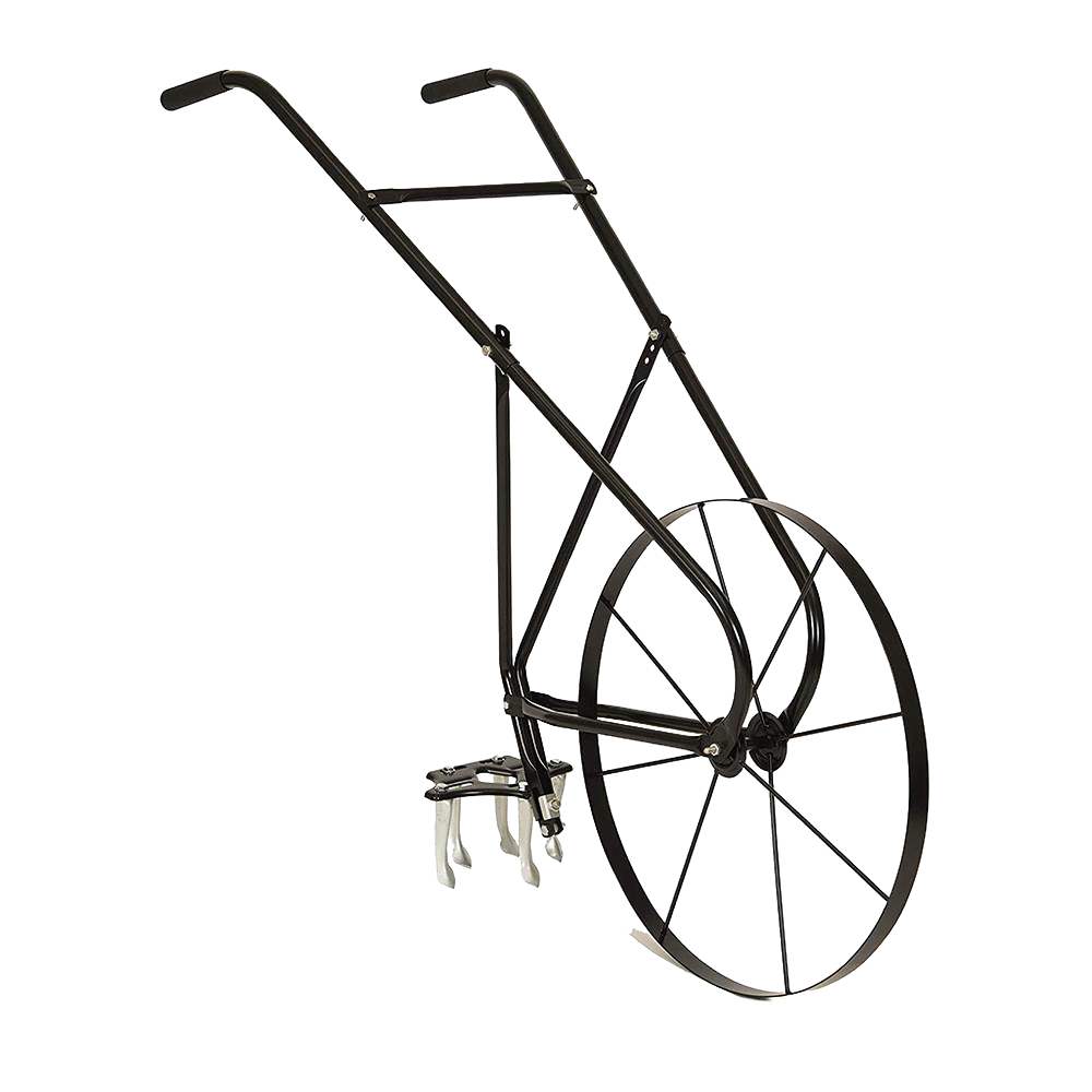 High-wheel cultivator with sturdy steel frame and large spoked wheel, designed for effective soil cultivation, featured in Farm, Garden & Tool and Digging and Cultivating collections.