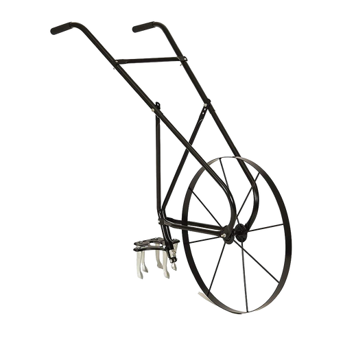 High-wheel cultivator with sturdy steel frame and large spoked wheel, designed for effective soil cultivation, featured in Farm, Garden & Tool and Digging and Cultivating collections.